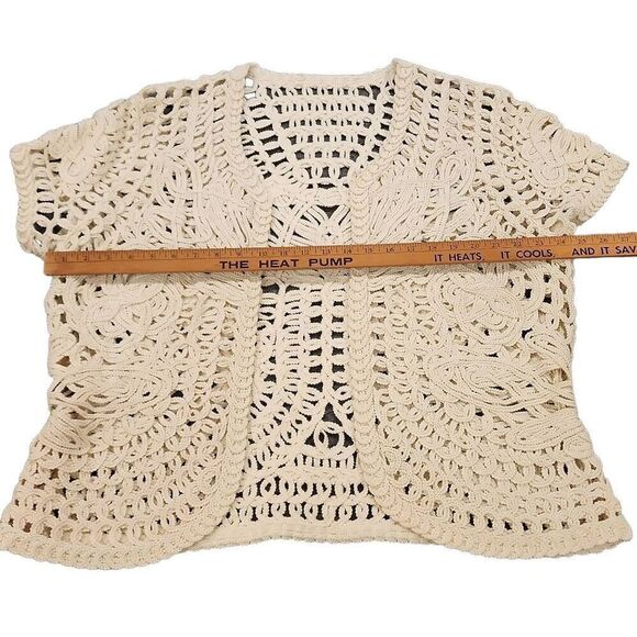 Crochet Knit Heavy Short Sleeve Cardigan Women's One Size Cream Art To Wear 100% - Picture 7 of 10